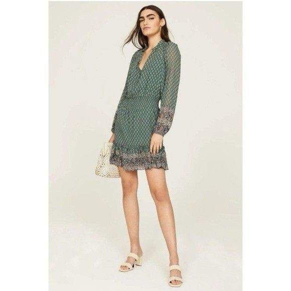 Veronica Beard Size 12 Destiny Smocked Waist V-Neck Seaglass Multi Silk Dress - Picture 9 of 12